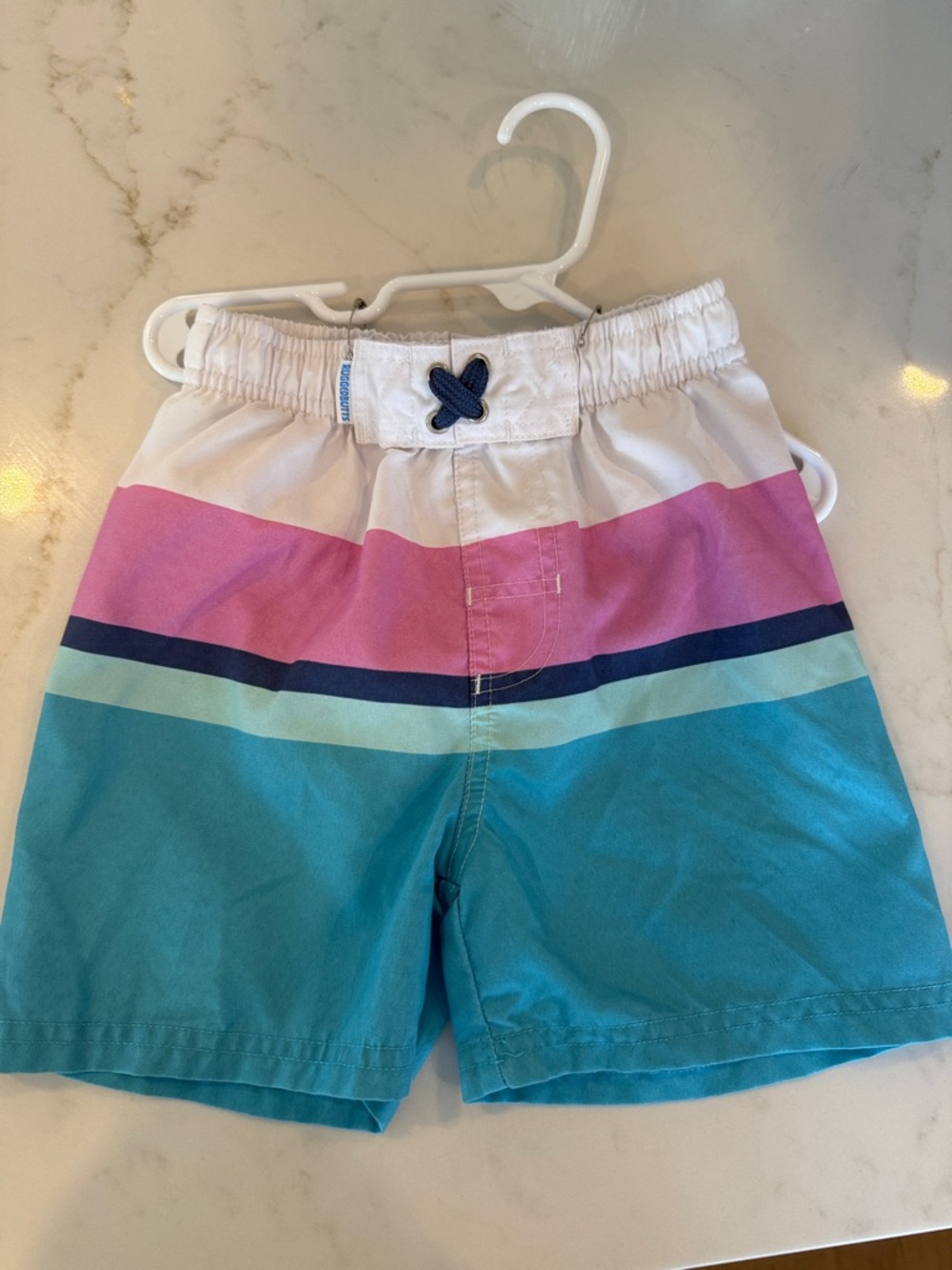 Kids Colorblock Stripe Swim Trunks - White, Pink & Blue
